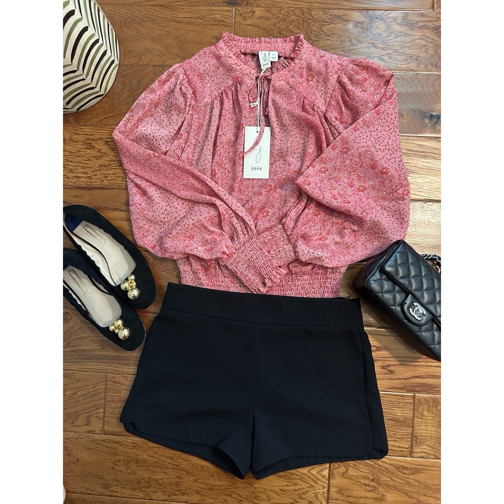 NWT Joie Pink Floral Metallic Gold Lurex Smocked Blouse Balloon Sleeve Top Sz S